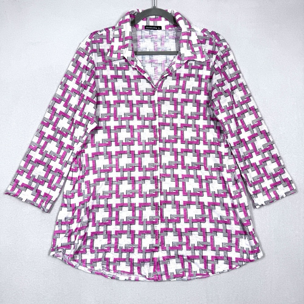 David Cline Top Womens XL Geometric Snap Front Blouse Artsy Pink 3/4 Sleeve USA